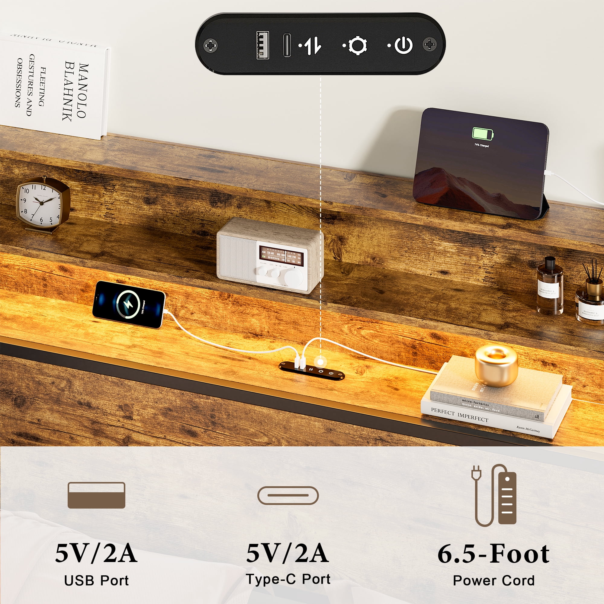 GUNAITO Full Bed Frame with Storage Headboard, 2 Drawers Platform LED Bed Frame with USB Ports & Outlets Brown