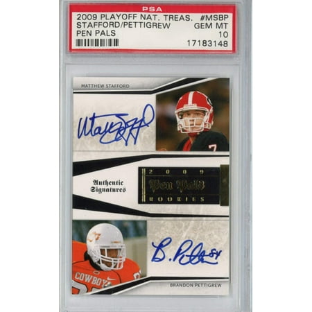 Graded 2009 Panini Playoff National Treasures Matthew Stafford Brandon Pettigrew #MSBP Pen Pals Rookie RC Auto Football Card PSA 10 Gem Mint