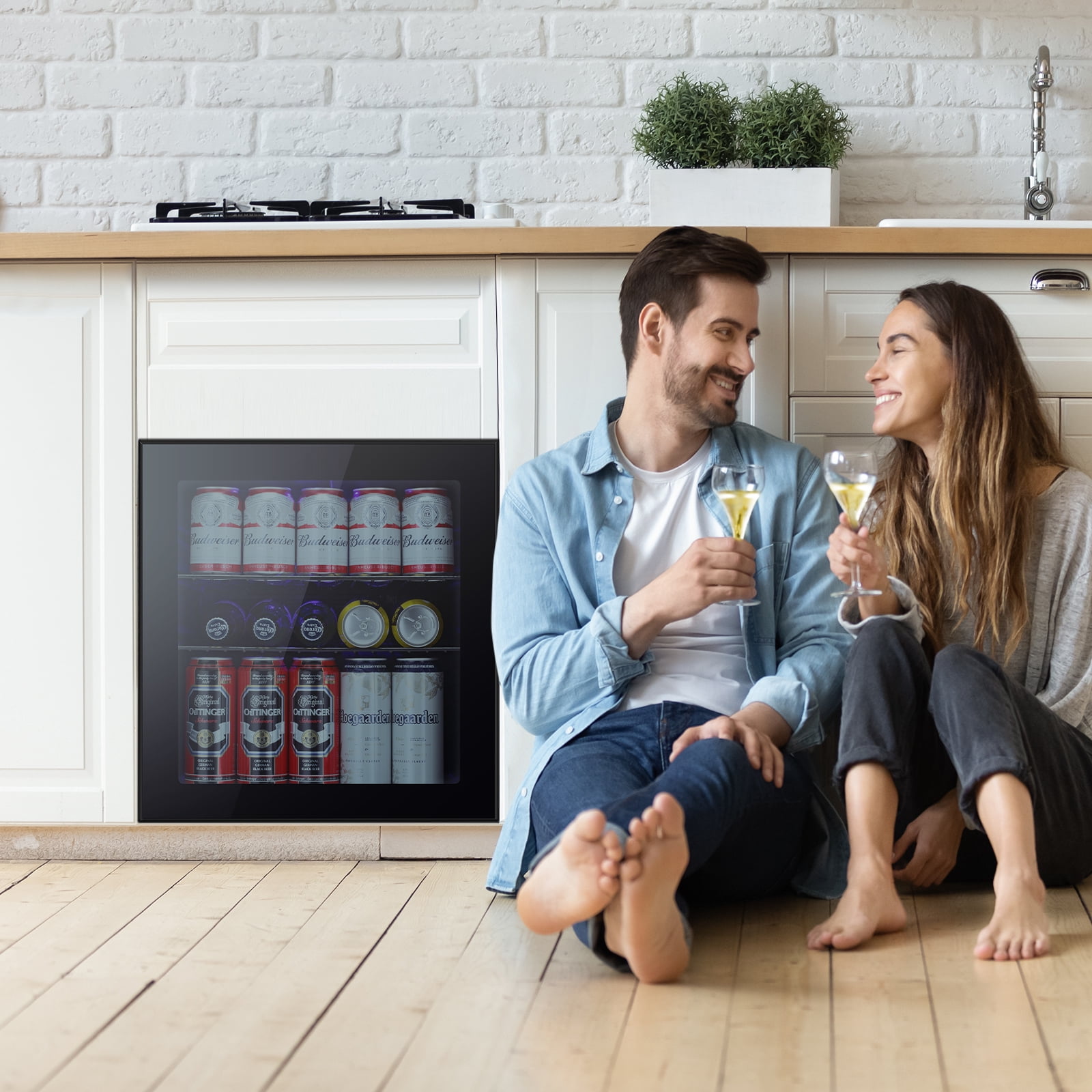 KNDKO 60 Can Beverage Refrigerator, 1.6cu.ft Mini Fridge Cooler with Glass Door for Beer/Soda/Wine