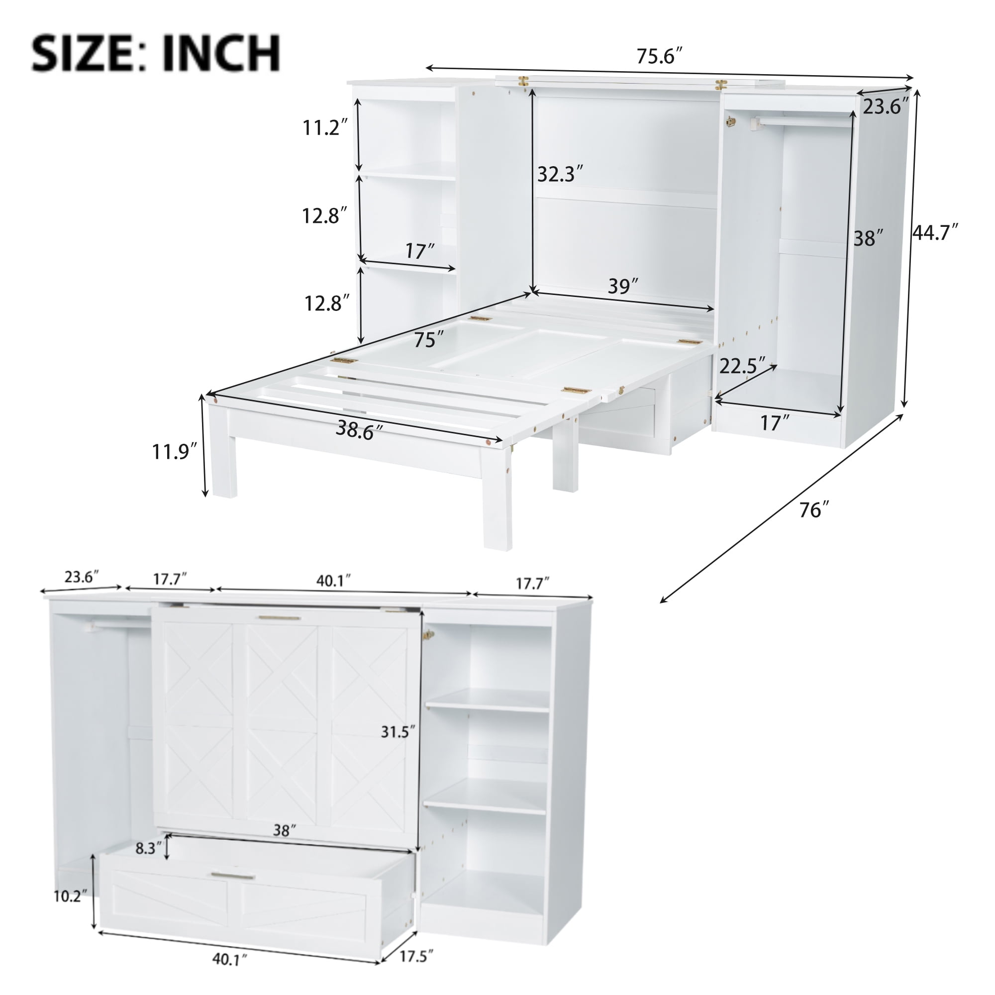 Euroco Wood Twin Size Murphy Bed with Wardrobe and Shelves for Kids Teens Living Room