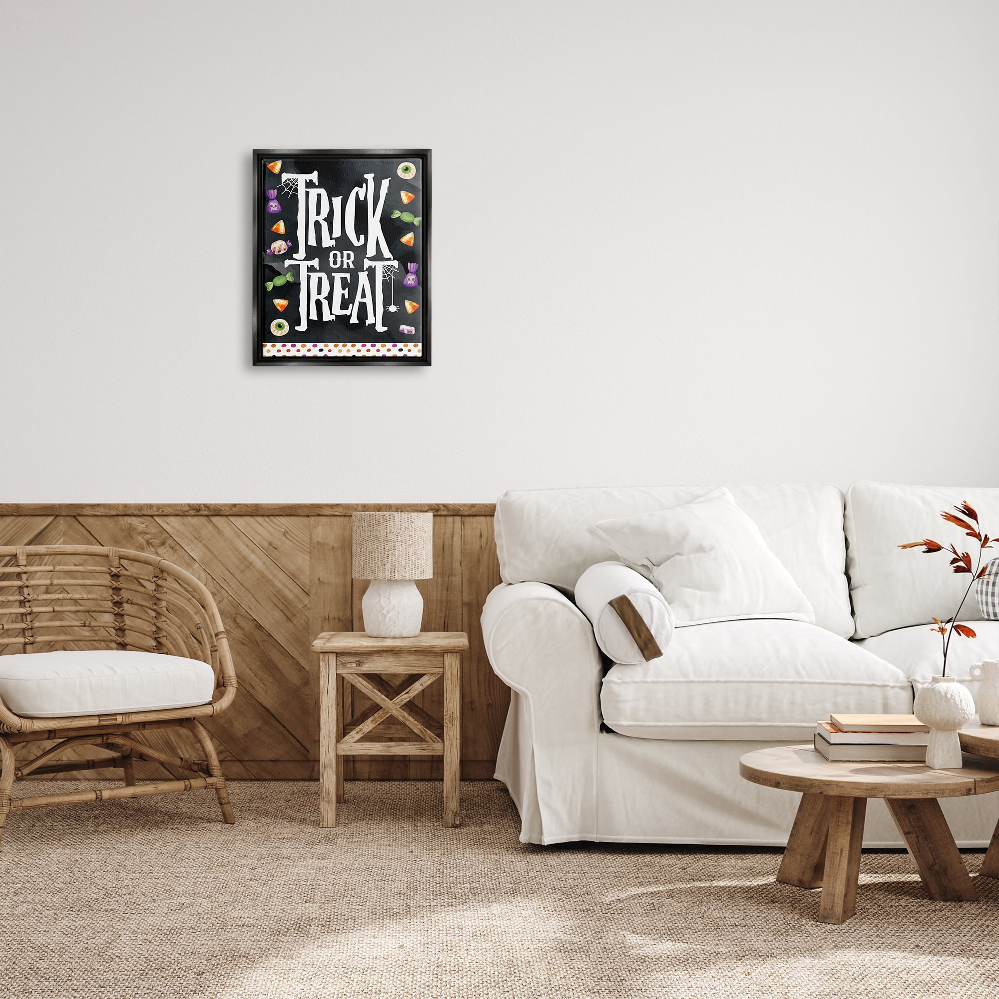 Stupell Industries Trick Or Treat Halloween Candy Holiday Painting Black Floater Framed Art Print Wall Art
