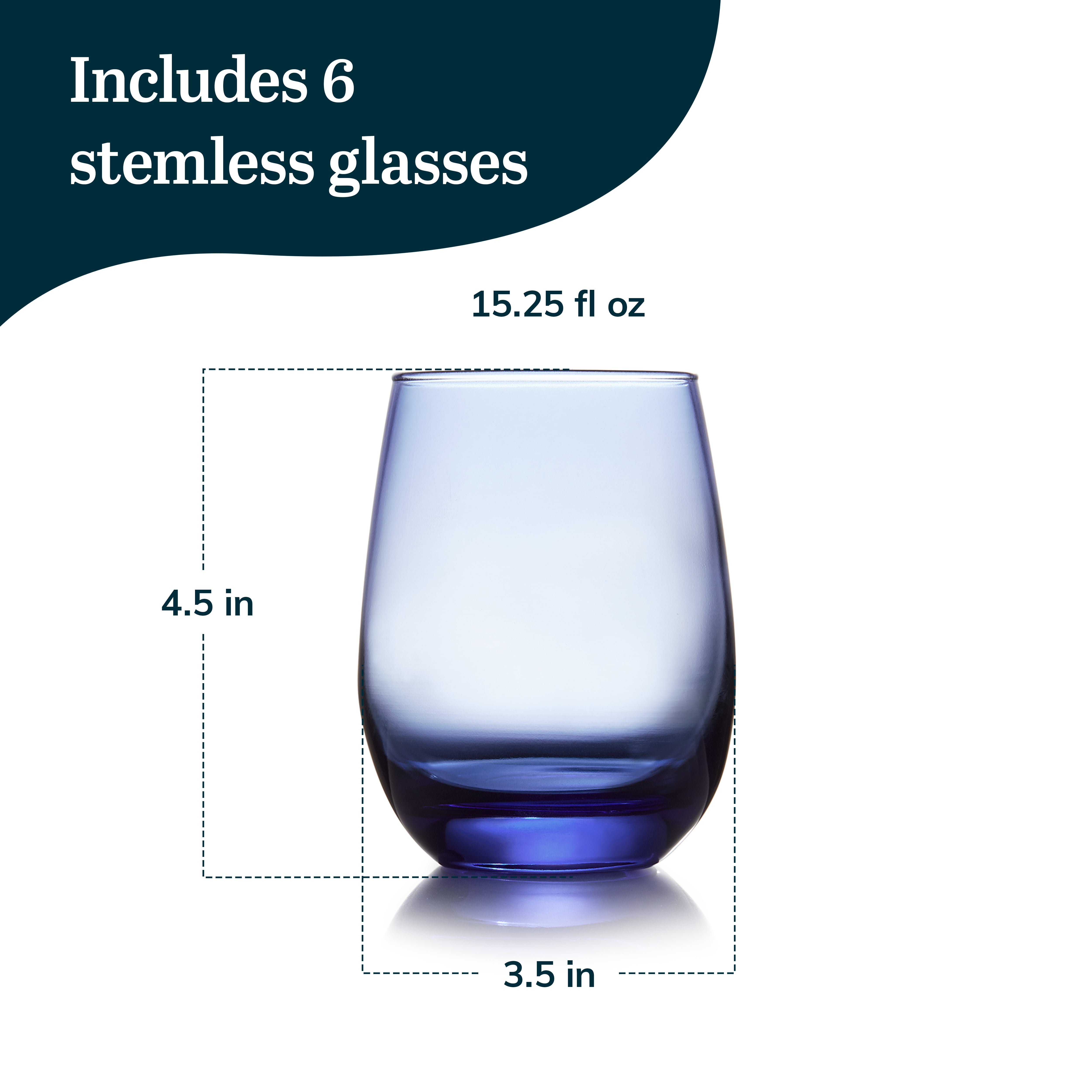 Libbey Classic Blue All-Purpose Stemless Wine Glasses Set 6, Timeless Wine Cups Set of 6, 15.25 Oz, Wine Glass Set for Dinners, Weeknights