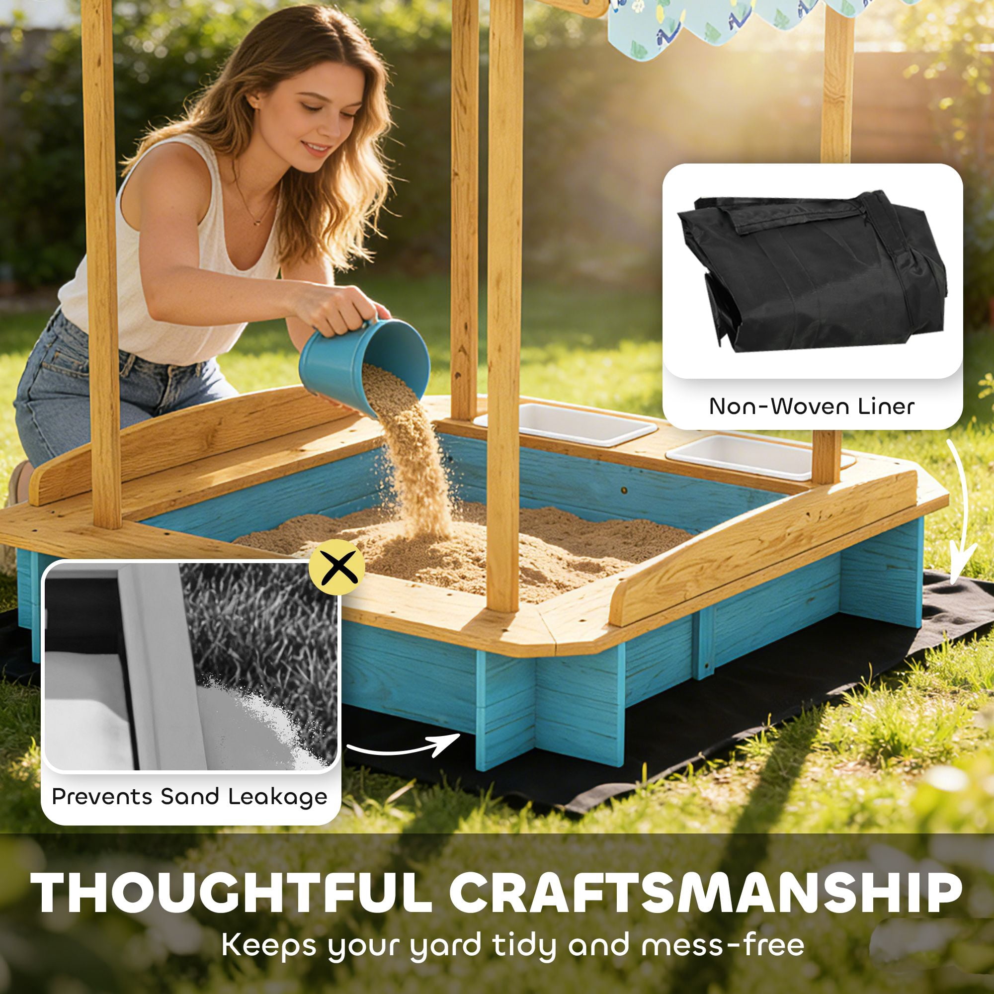 Wooden Kids Sandbox with Dinosaur Print Canopy, 3-Sided Bench Seats for 6 Children, Removable Storage Boxes Bottom Liner Fir Wood Outdoor Sand Play Pit for Backyard Ages 3-6 Blue