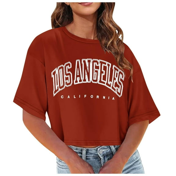 Blmnix Red Tops for Women Short Sleeve Summer Casual Letter Crew Neck Crop Los Angeles Tops for Teen Fasion