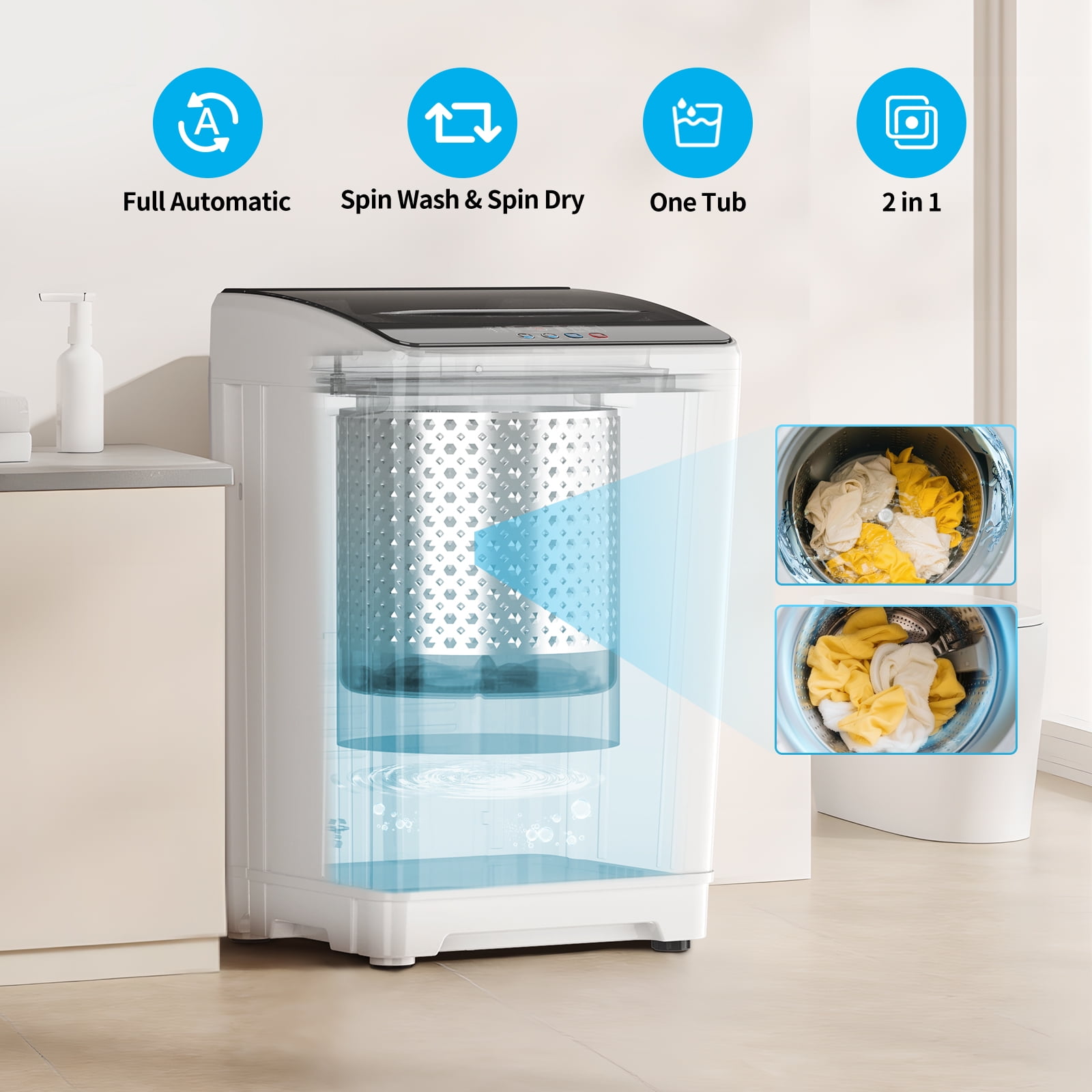 TABU Washer and Dryer Set, 17.6LBS Full Automatic Washing Machine &2.6Cu.ft Portable Dryer Combo (White)