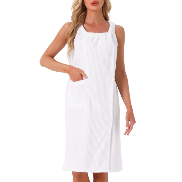 Inspire Chic Bata de baño para mujer, toalla de ducha, con tirantes, sin mangas, con botones y bolsillos, spa, color blanco
