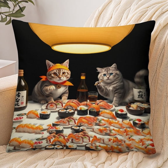 RKSupls 18x18 Inch Envelope Throw Pillow Cover, Cat Sushi Japanese Soft Polyester Modern Farmhouse Decorative Cushion Case for Home Bedroom Living Room