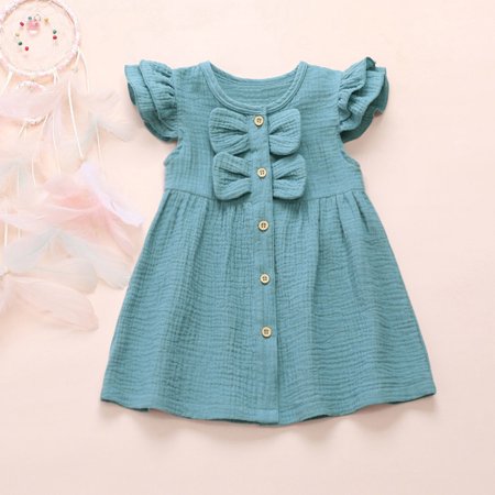 

Tking Fashion Toddler Kids Baby Girl Solid Bowknot Linen Ruffled Princess Casual Dress Clothes Blue 90