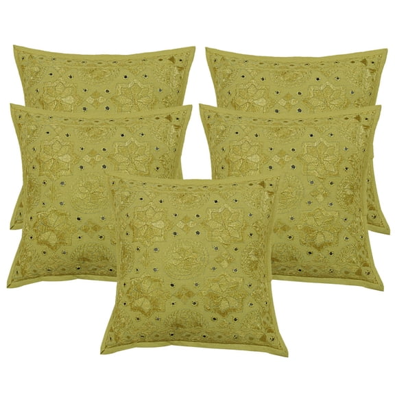 Stylo Culture Ethnic Bohemian Couch Throw Pillow Covers 16x16 Hand Embroidered Light Olive Green Boho 40x40 cm Home Decor Cotton Mirrored Square Cushion Covers | Set Of 5