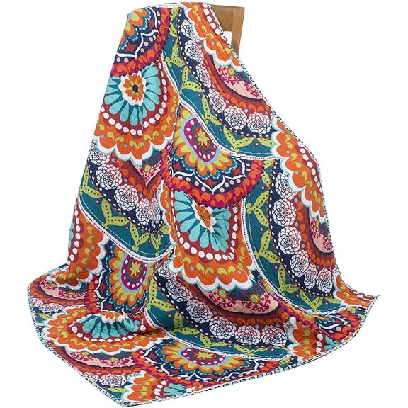 Levtex - Serendipity - Quilted Throw - 50x60in. - Boho Floral in Orange Teal Red Blue - Reversible Pattern - Cotton