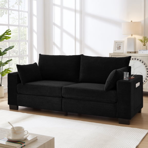 78" Corduroy 3-Seater Sofa, Modern Upholstered Plush Deep Seat with USB, Cup Holders & Side Pocket,Black