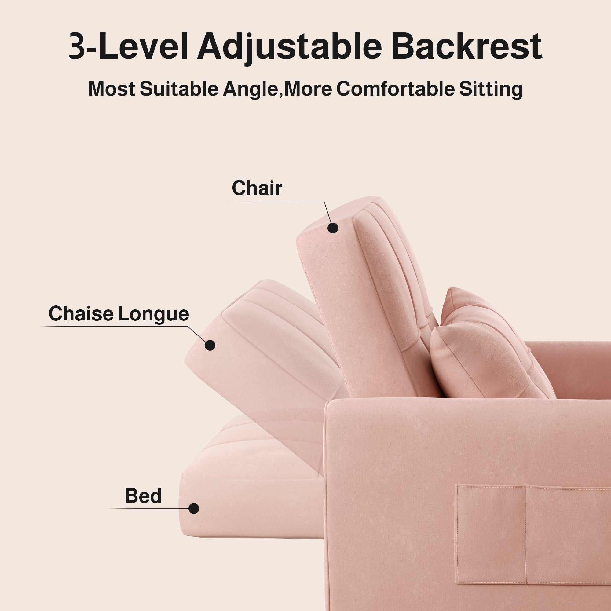 3-in-1 Convertible Sleeper Chair, Lightweight Foldable Sofa Bed for Small Spaces, Linen Upholstery, Pink
