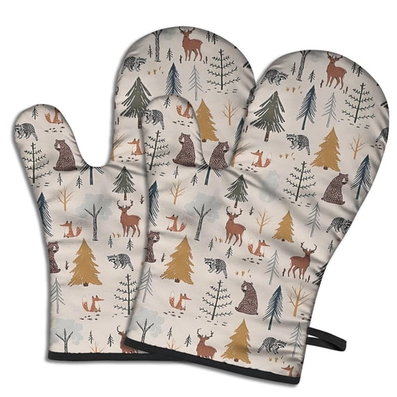 Cute Oven Mitts,Beige Christmas Forest Animal Pattern Oven Mitt 2-Pack Set,Kitchen Gloves for Oven,Heat Resistant Oven Mitts 7.7"x12"