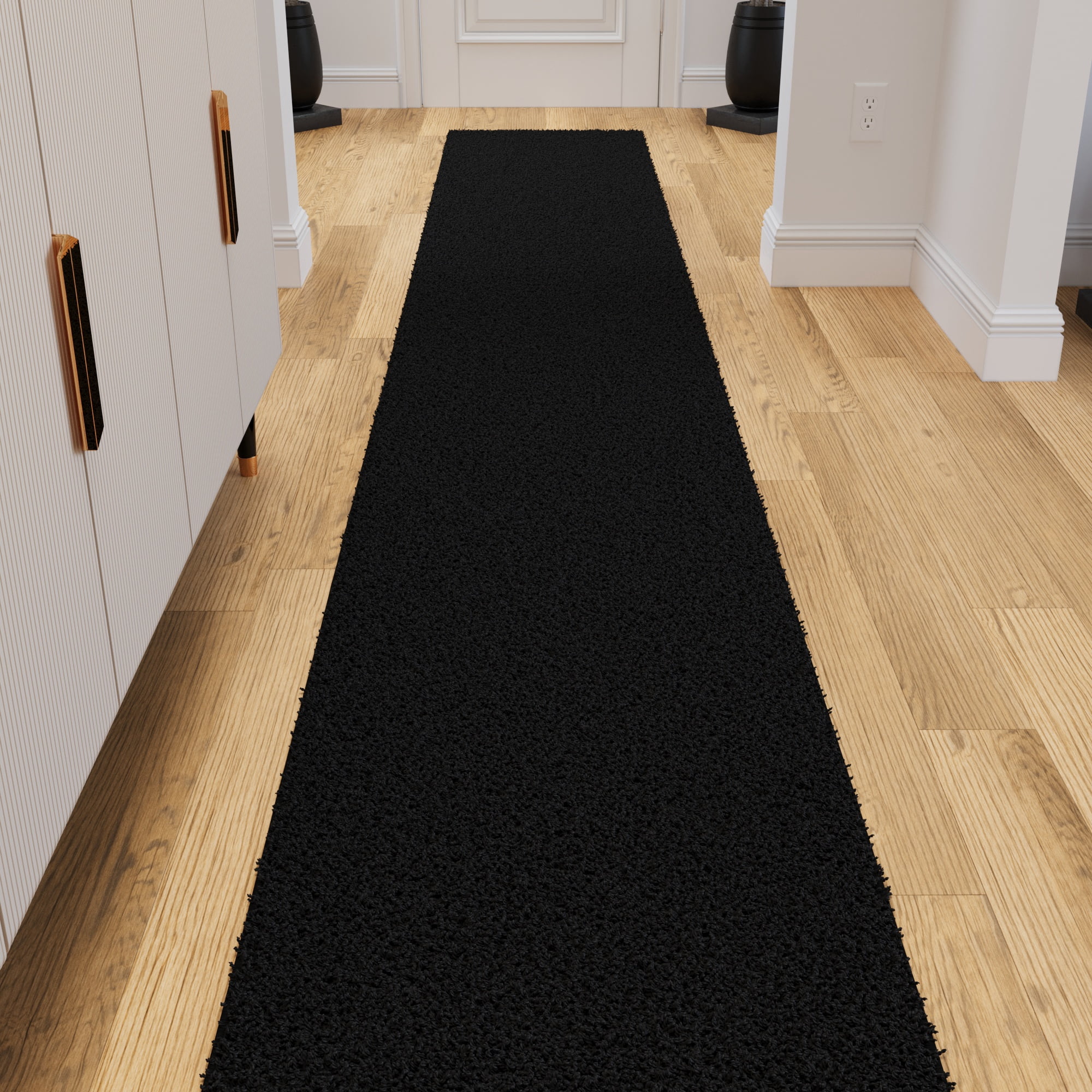 Ottomanson 2x7 Non-Slip Shag Runner Rug Plush Carpet for Bedrooms & Hallways, 2' x 7', Black