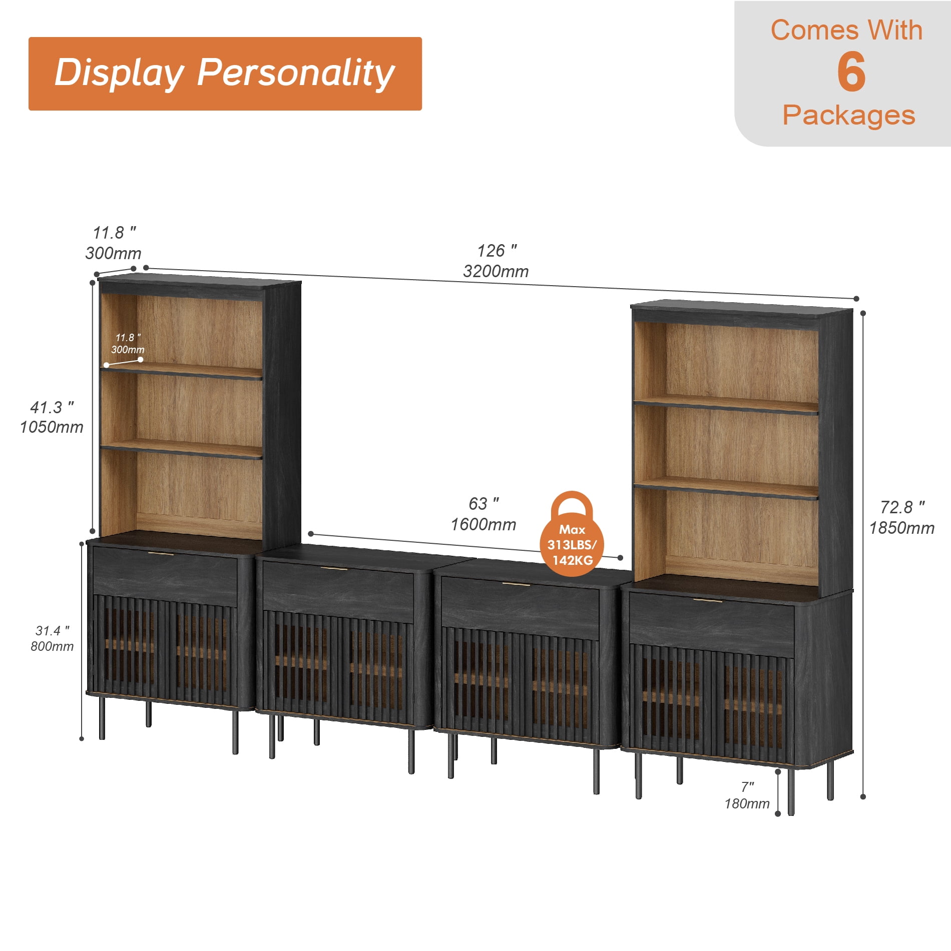 WAMPAT 72.8" Tall Bookshelf with Doors and Drawers, Modern Bookcase with Storage, Adjustable Shelves, Wood Storage Cabinet, Black