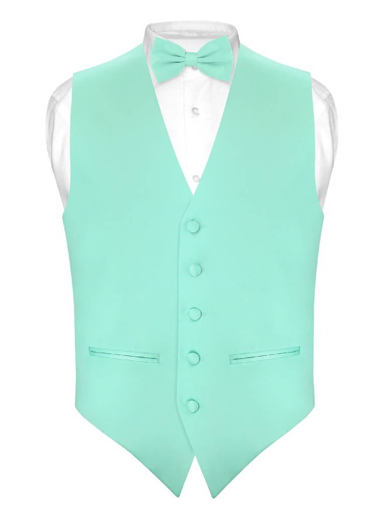 New Men's Solid Tuxedo Vest Waistcoat & Bowtie Set Aqua Green Wedding 