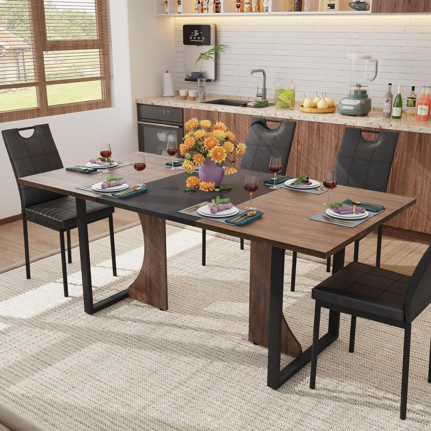 ChVans 7 Pcs Dining Table Set for 4-6 People with Chairs,70" Kitchen Dinner Table W/Waterpoof Wooden Tabletop,6 PCS Upholstered PU Chairs,Rectangular Wood Tables W/Adjustable Leg for Home Dining Room