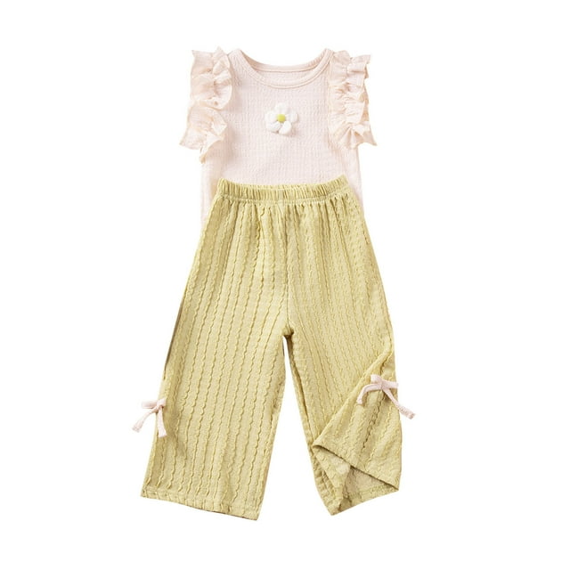 Odeerbi 2-8 Años Niñas Trajes de Verano Camisetas de Tirantes Con Volantes de Flores Pantalones de Pata Ancha Con Lazo Conjunto de Dos Piezas