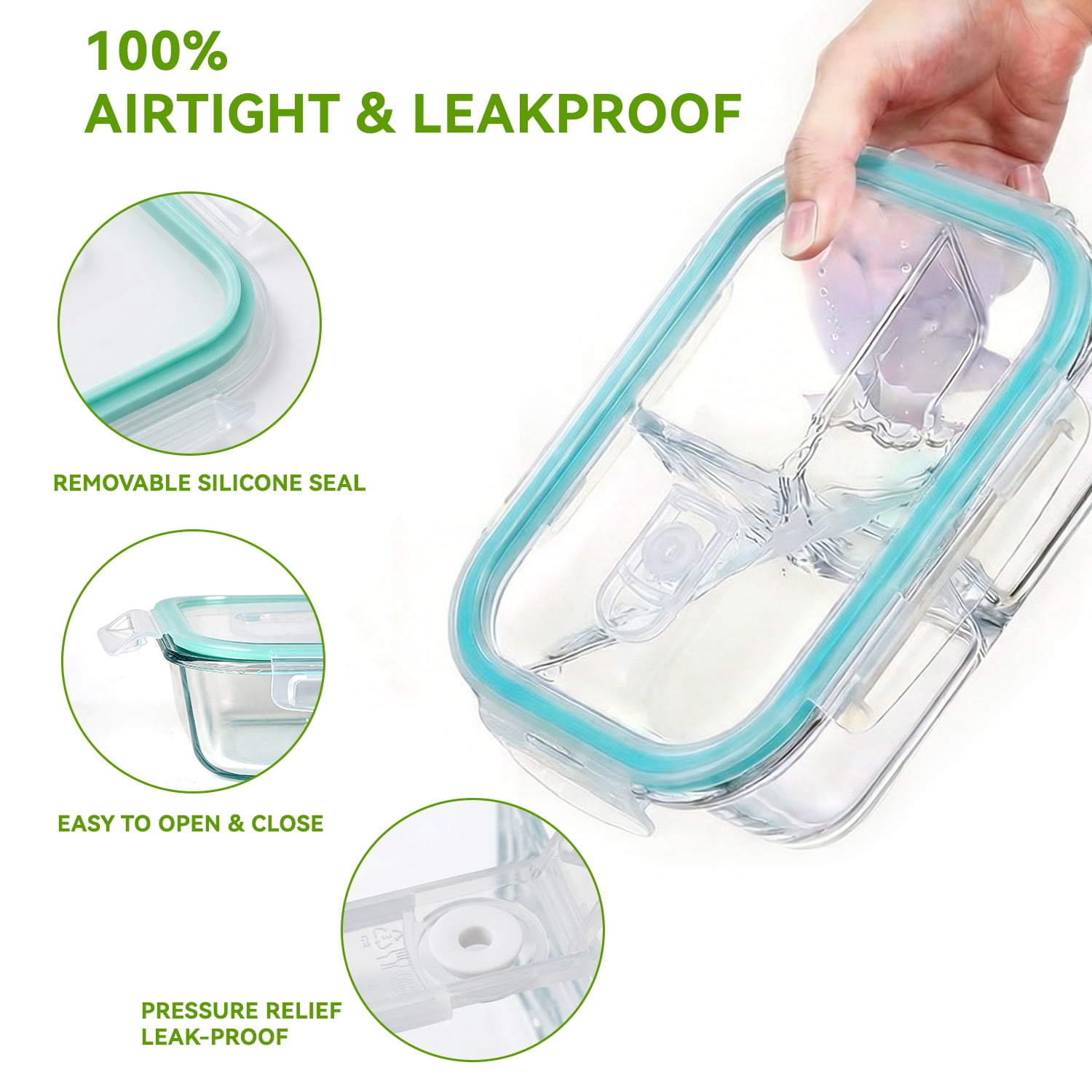 5 Pack 36oz Glass Meal Prep Containers with Lids, 1&2&3 Compartment Airtight Glass Food Storage, Microwave & Dishwasher Safe, Blue