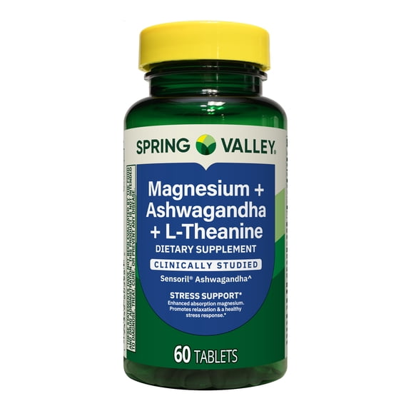 Spring Valley Magnesium   Ashwagandha   L-Theanine for Stress Support Tablets, 60 Count