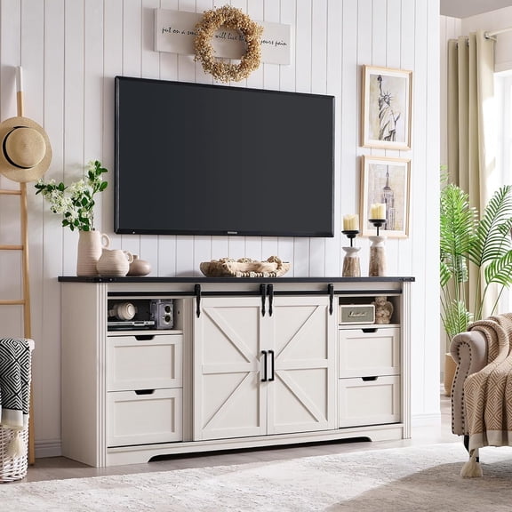 T4TREAM Farmhouse Sideboard Buffet Cabinet - 4 Drawers, Sliding Barn Door - 66 in, White