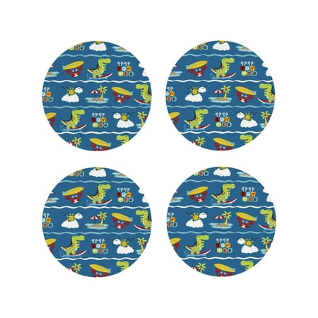 

Tebeau Dinosaur on the Beach Vacation Print Set of 4 Leather Drink Coasters Round Cup Mat Pad for Home and Kitchen Use 4 -Round Shape