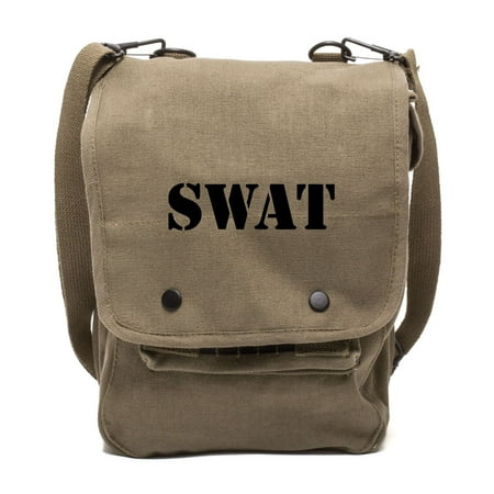 Swat Gear Bags - SWAT Team Text Canvas Crossbody Travel Map Bag Case in Olive & Black