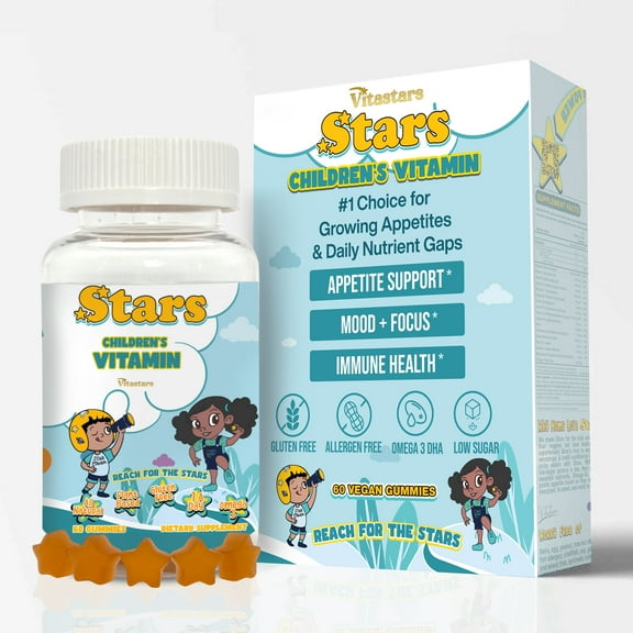 Stars Kids Multivitamin Gummies with Omega 3, Vitamins for Kids with A, B, C, D, Plant Based Multi Vitamins for Children, Manganese, 30 Star-Shaped Multivitamin for Kids, Gluten-Free Gummy Vitamins