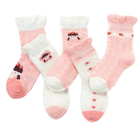 

rygai 5 Pairs Breathable Mesh Wear-resistant Thin Baby Socks Cartoon Print Mid-Tube Girls Ankle Socks for Indoor Dark Pink