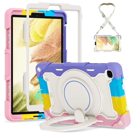 FJLBDE Case for Samsung Galaxy Tab A7 Lite 8.7 Inch 2021 SM-T220/T225/T227 with 360 Kickstand, Shoulder Strap Carrying Protective Cover, Multicolor Pink
