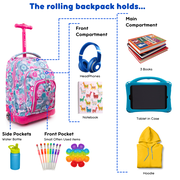 J World Girls Lollipop 16 Kids Rolling Backpack with Insulated Lunch Bag for School and Travel, Blue Raspberry