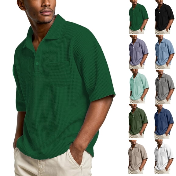 Yifymode Mens Polo Shirts Short Sleeve Loose Fit Golf Shirt with Pocket Casual Collared Shirt Textured Knit Tops Workout Shirts