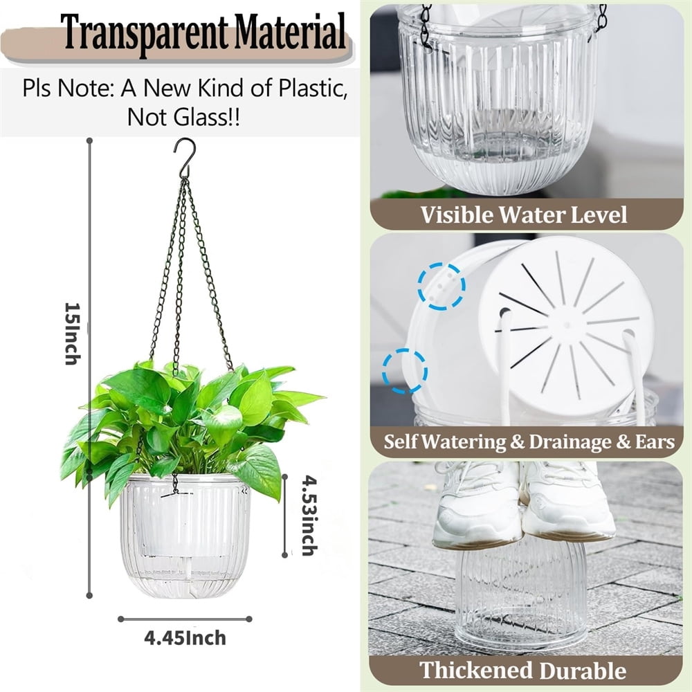 Clear Hanging Planter with Drainage Hole,Set of 3 Plastic Flower Pots,Double Layer Planter Design,Visible Hanging Baskets,for Flower, Succulent, Green Plant