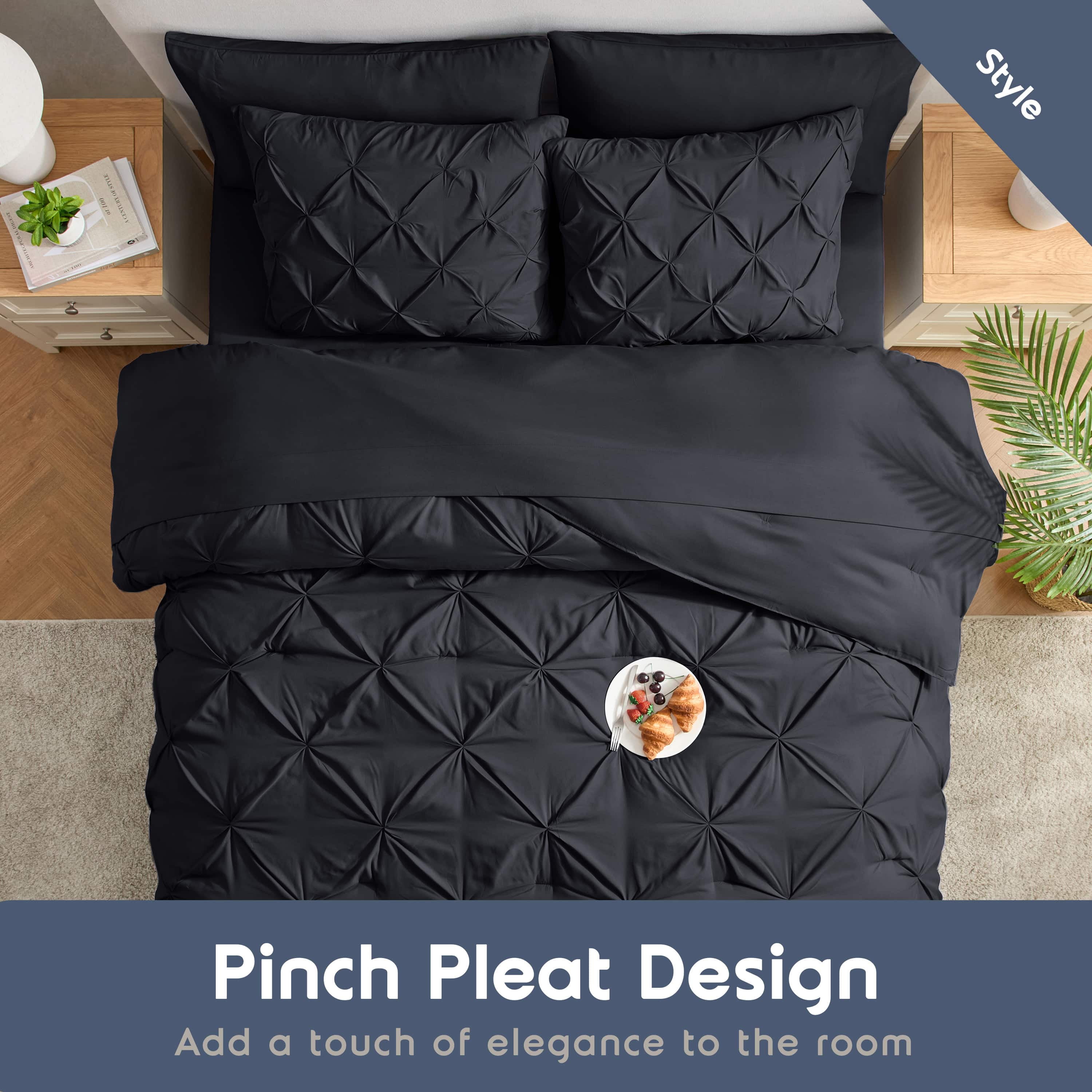 LammaLoe Twin XL Comforter Sets, 5 Piece Bed In A Bag Pintuck Bedding Sets, BLK