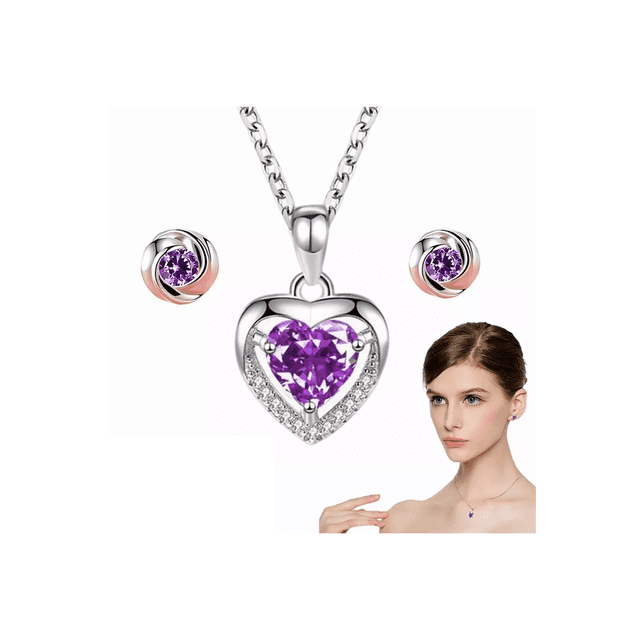 Collar Y Aretes De Cristal Corazón De Plata 925 Para Mujer morado