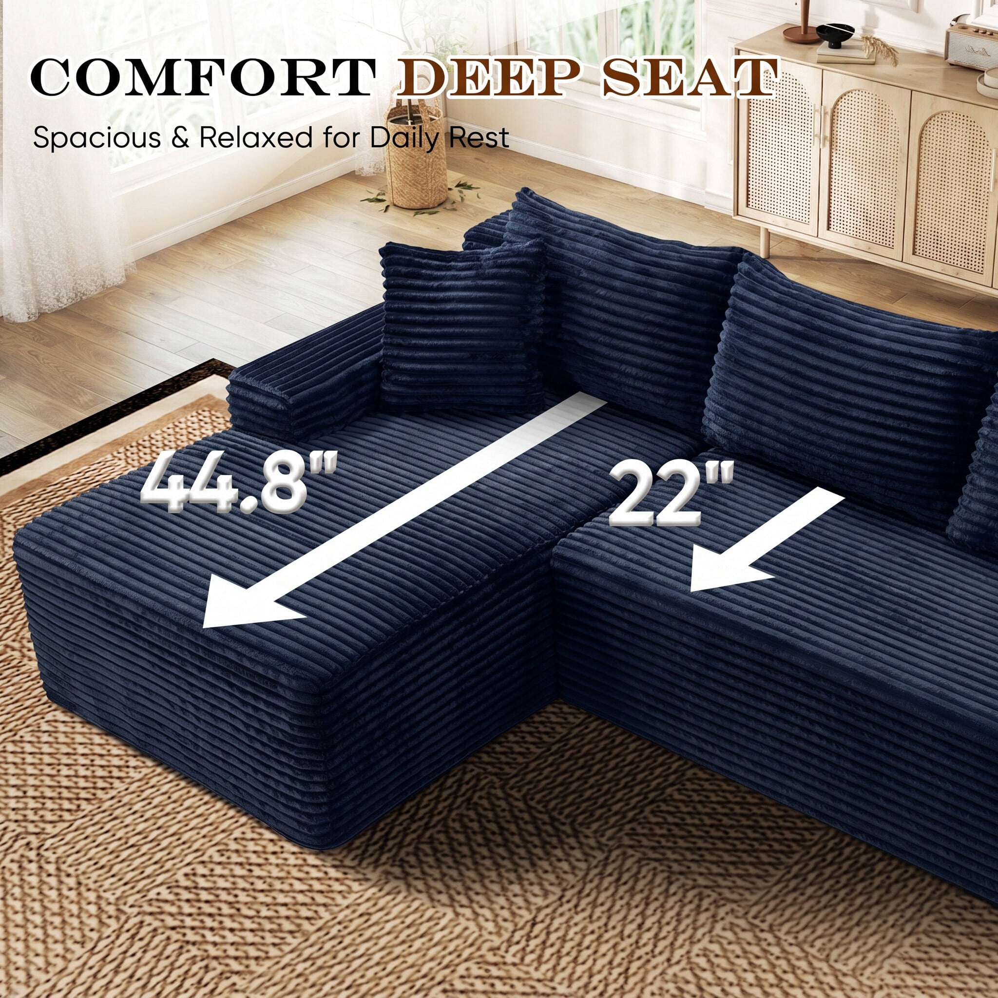 Lunale Small Modular Sectional Sofa with Movable Chaise, L-Shaped Boneless Cloud Couch for Living Room, Blue (Left Facing Chaise)