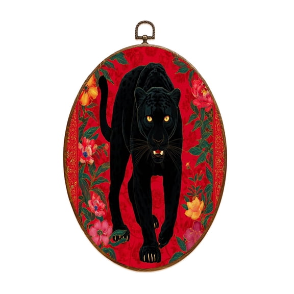 Asian Canvas Wall Art Panther Roaming Among Vibrant Floral Red Oval Framed Canvas Prints Vintage Wall Hanging Decor for Home Office Bathroom Tatto Shop Decorations 8.6"x11.4"