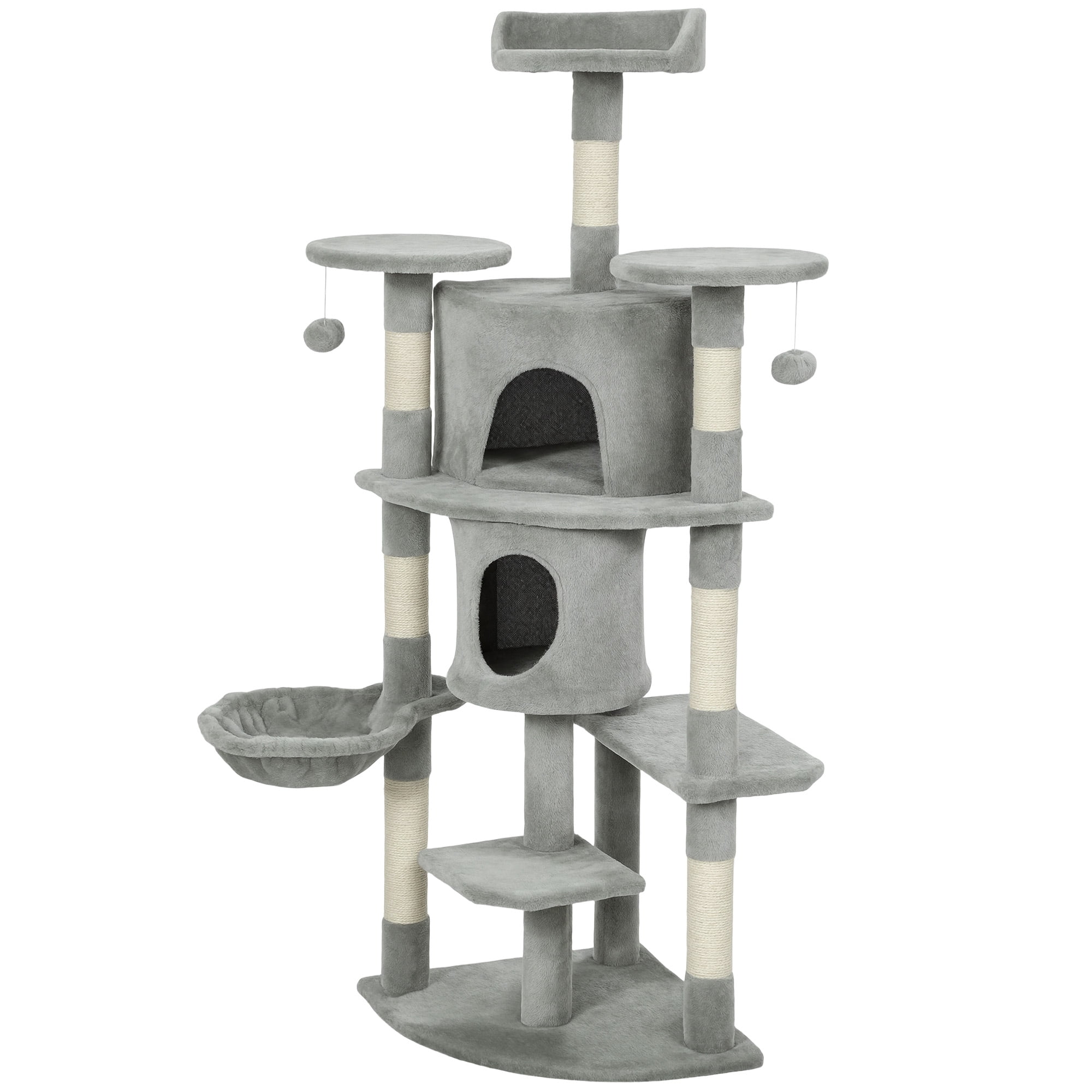 CoSoTower 62" Cat Tree with Scratching Post, 2 Condos, Hammock, Perches, Plush, Pompoms, for Indoor Cats, Light Grey