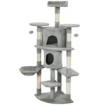 CoSoTower 62" Cat Tree with Scratching Post, 2 Condos, Hammock, Perches, Plush, Pompoms, for Indoor Cats, Light Grey