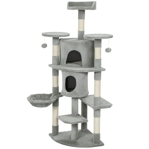CoSoTower 62" Cat Tree with Scratching Post, 2 Condos, Hammock, Perches, Plush, Pompoms, for Indoor Cats, Light Grey