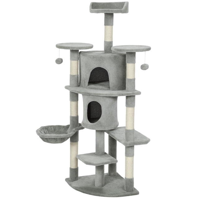 CoSoTower 62" Cat Tree with Scratching Post, 2 Condos, Hammock, Perches, Plush, Pompoms, for Indoor Cats, Light Grey
