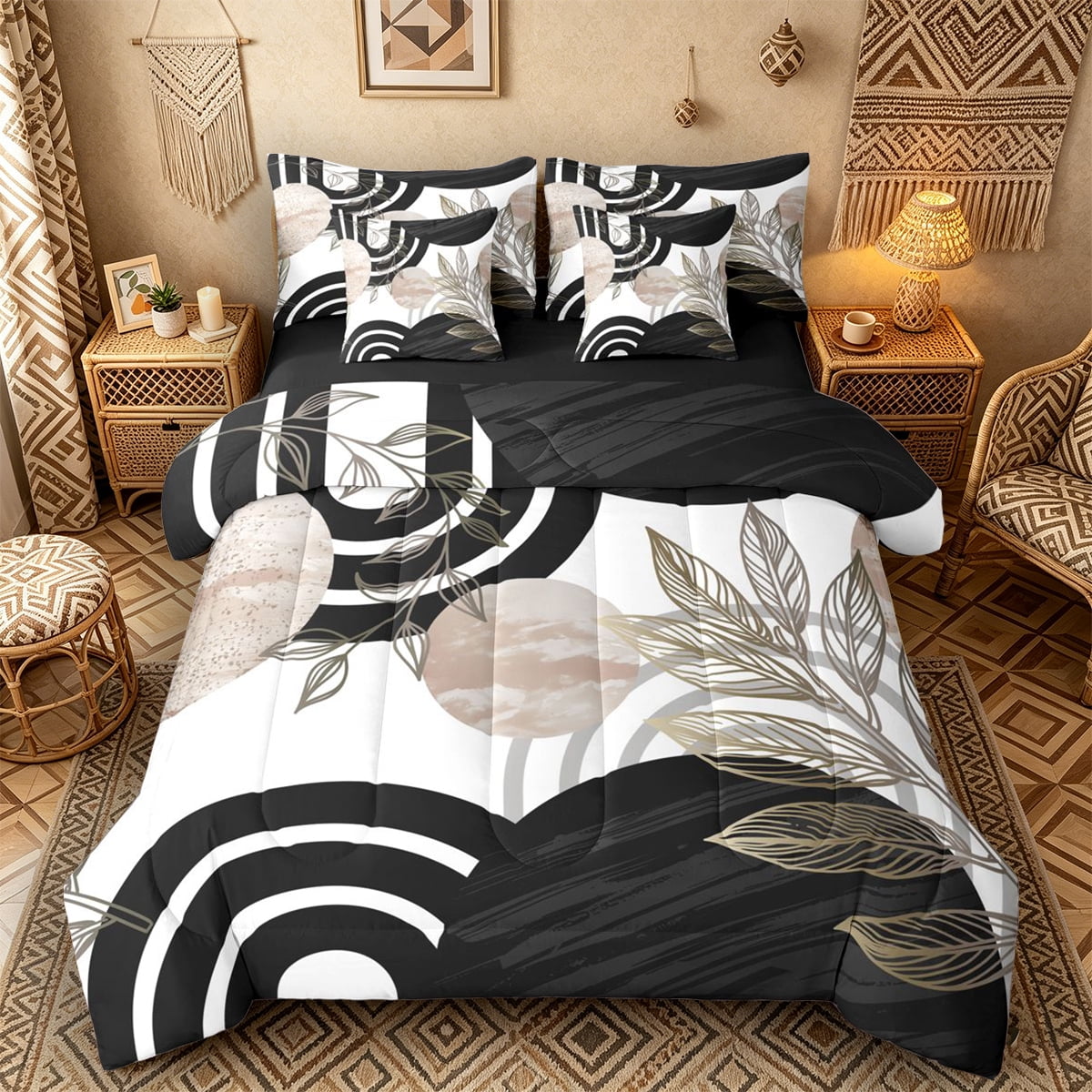 Castle Fairy Boho Tropical Leaf Bedding Comforter Set 7pcs for Kids  Geometric Print Queen Bedding Sets for Bedroom  Charcoal Beige Black Reversible