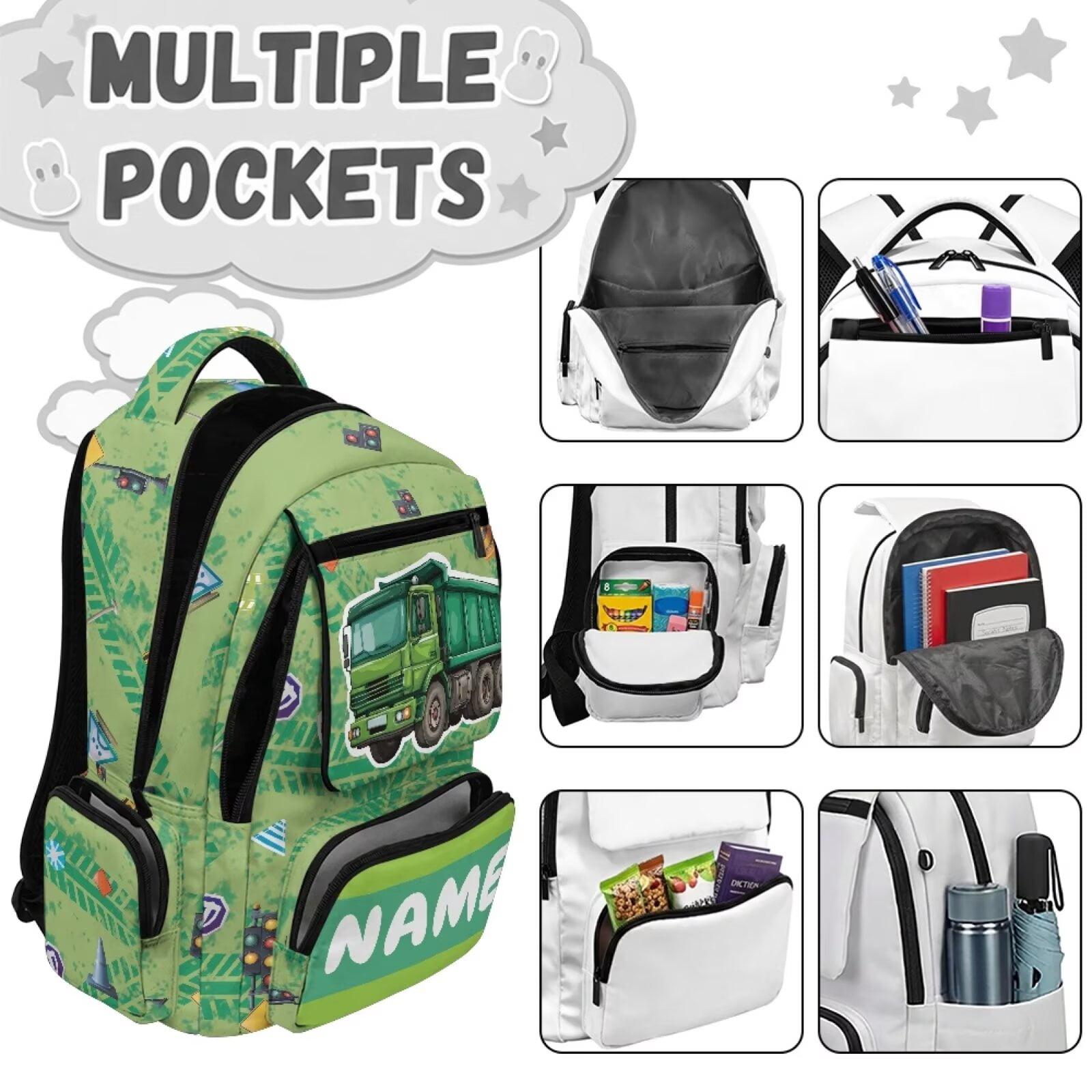 Chririnla Car-Green Print Kids School Bag Teen Boys Custom Name Print Backpacks Laptop Bags Front Pocket School Backpack Padded Straps Front Zipper Pocket