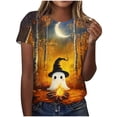 thumbnail image 2 of Women's Cute Halloween Tee Ghost Campfire Autumn Forest Graphic Short Sleeve Crewneck T-Shirt Fall Festival Top Season Casual Shirt Funny Holiday Tops, 2 of 6
