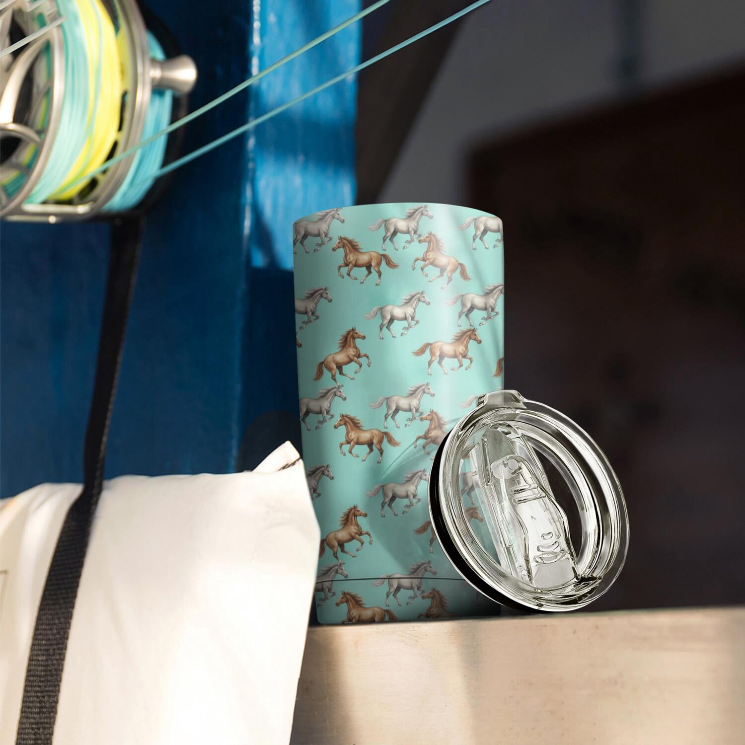 20oz Travel Coffee Tumbler, Stainless Steel, Lid, Outdoor Use,Horse Colorful Run Light Teal Pattern