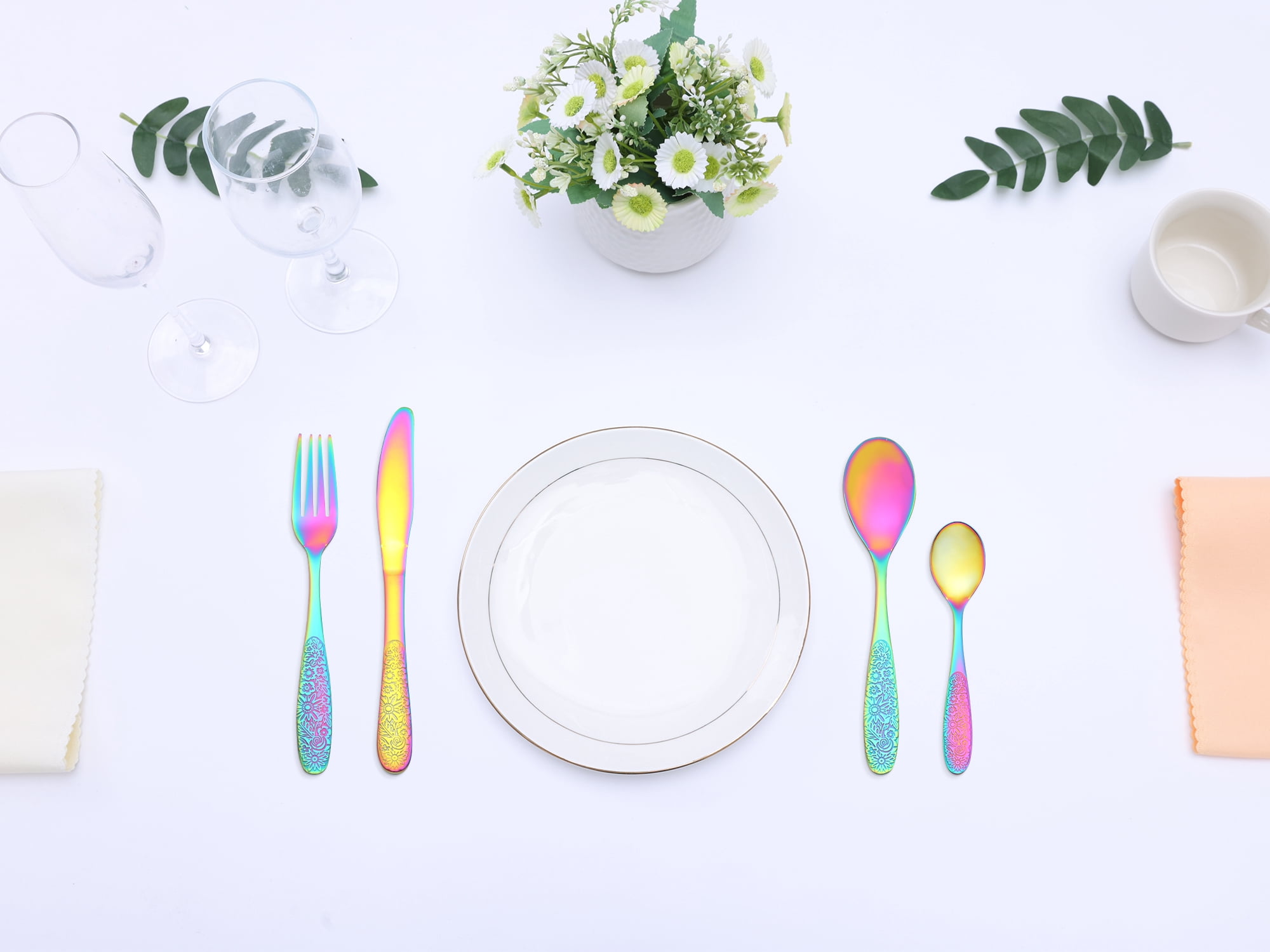 Unique Bargains 4 Piece Stainless Steel Floral Flatware Colorful 4