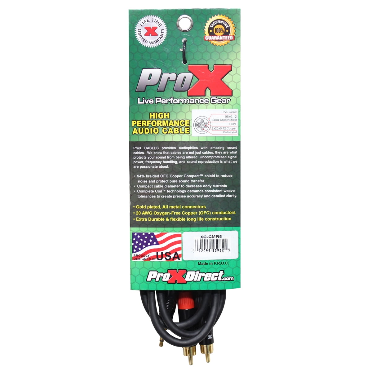 ProX XC-CMR6 6' 1/8" (3.5mm) TRS to Dual RCA-M High Performance Audio Cable