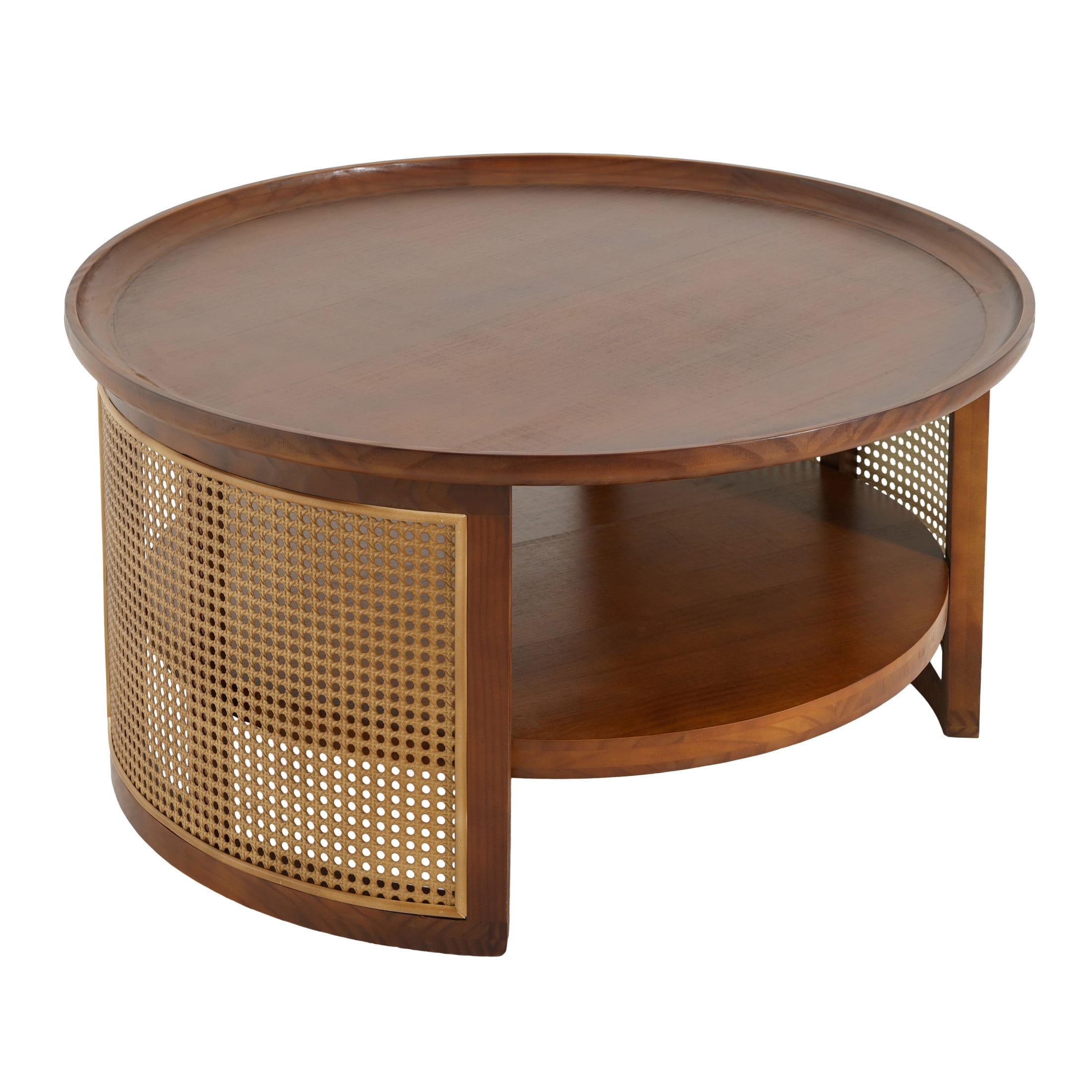 Christopher Knight Home 31.5" Boho Farmhouse Round Coffee Table with Shelf and Rattan Side, Walnut+Gold