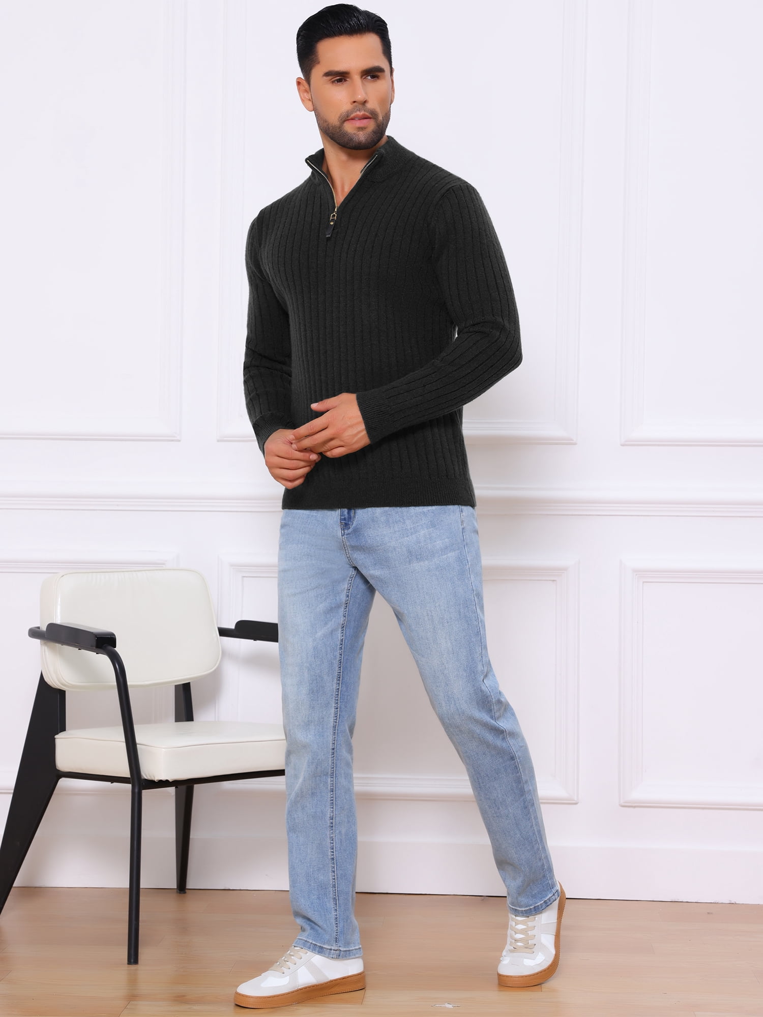 DARING DIVA Men's Casual Pullover Knitted Mock Neck Polo Sweater S Black