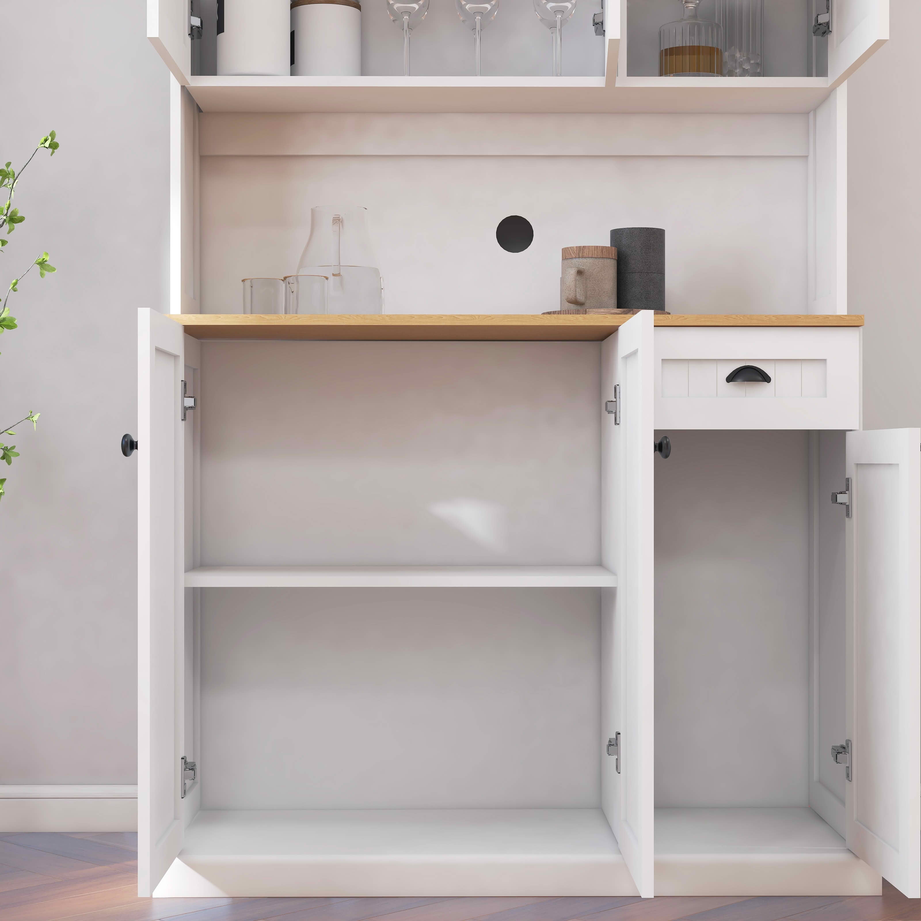 MAYEERTY 71-Inch Kitchen Pantry Storage Cabinet, Freestanding Hutch with Microwave Countertop 6 Doors 1 Drawer White